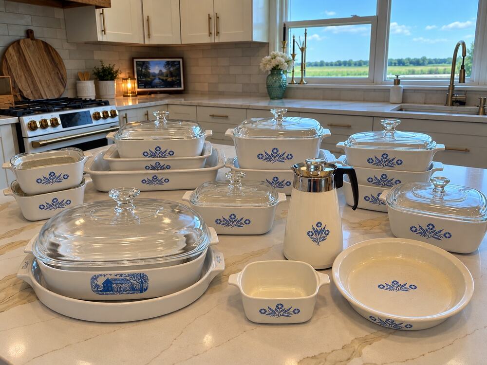 Vintage CorningWare Blue Cornflower 19 Piece w/ Lids ,Pitcher, Microwave Crisper